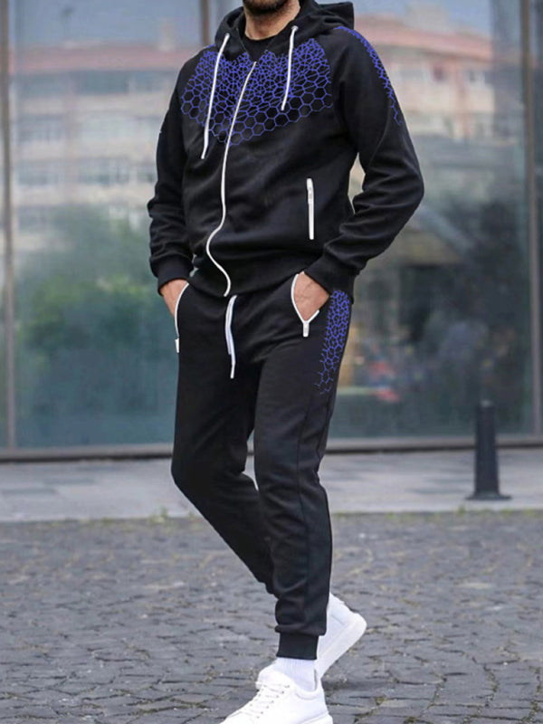 Men's Zipper Hooded Cardigan Jacket Honeycomb Print Casual Sweatshirt Trousers Set