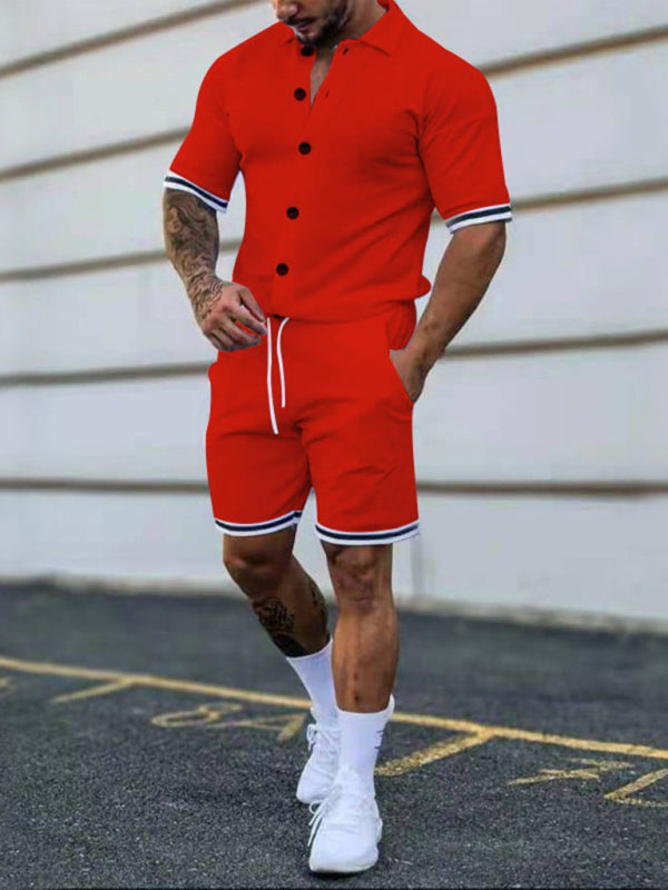 Men's color contrast lapel short-sleeved shirt + shorts two-piece suit