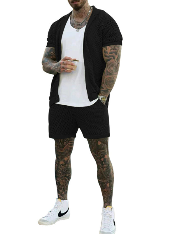 Short-sleeved shorts Knit lapel cardigan Short-sleeved men's suit