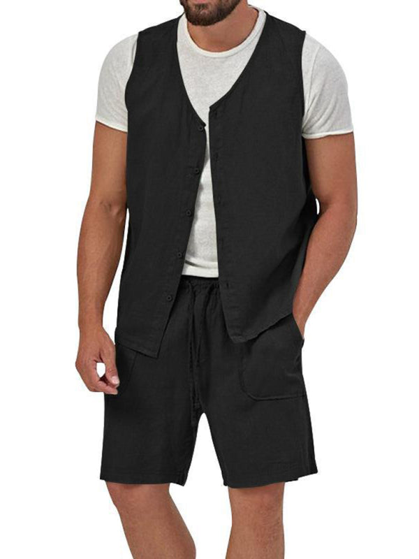 Men's two-piece vest shorts casual sleeveless cardigan suit