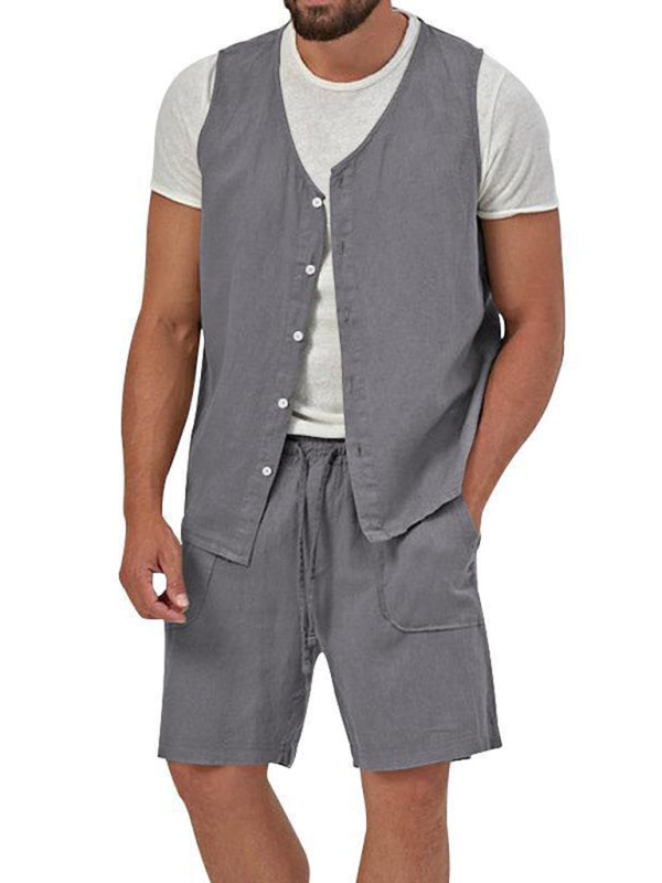 Men's two-piece vest shorts casual sleeveless cardigan suit