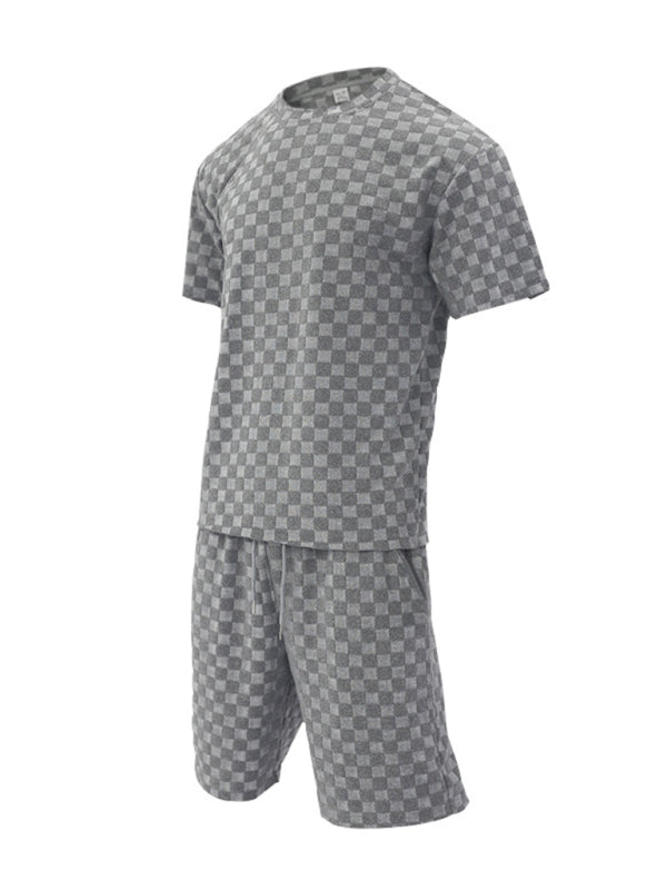 Men's jacquard checkerboard spring and summer loose sports and leisure two-piece suit