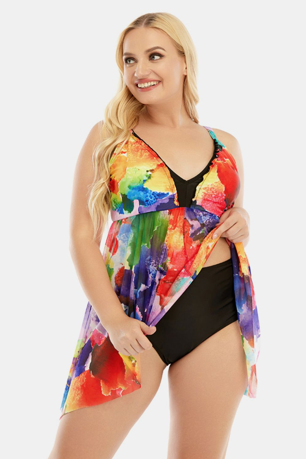 Plus Size Printed Spaghetti Strap V-Neck Two-Piece Swim Set